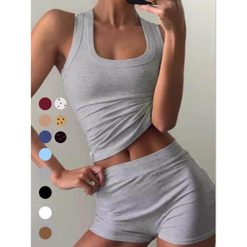 2026新款女式纯色罗纹背心和短裤休闲时尚方巾