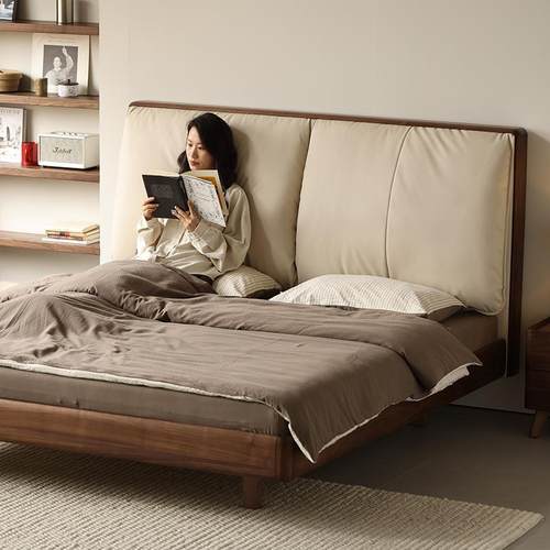 北美黑胡桃木全实木床现代简约1米8双人床真皮软包悬浮床主卧大床