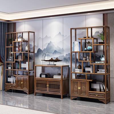 实柜木新中式架博古SQE宝多阁置物架办公茶室展示古董隔断陈列书