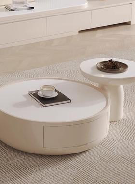 ?奶油风几WOK茶几圆形实木组合边可移款动2025新用轻奢家茶桌简约