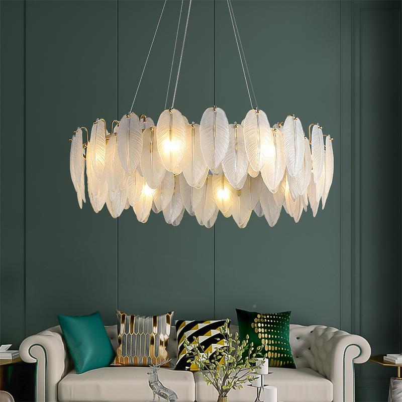 全铜959轻客厅吊灯羽毛玻璃吸顶奢灯后现代简约创主意室卧灯中山