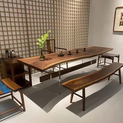 南胡桃实木大板桌原木茶整板泡茶桌DQU椅餐桌客厅功能美茶多台