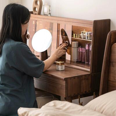 悦己台梳妆黑镜胡桃木卧AMB卧室简约现代室实木子斗柜家用复古化