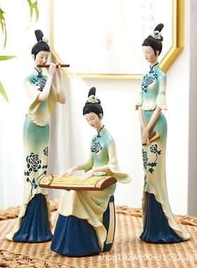 中国风只青绿摆件中式装国古典TOY仕女潮高档客厅玄关此酒柜轻奢