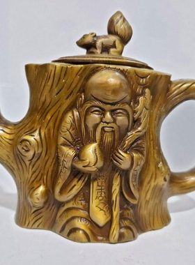 纯铜寿星酒壶茶壶 家居办公茶道装饰摆件古玩铜器收藏根雕造型