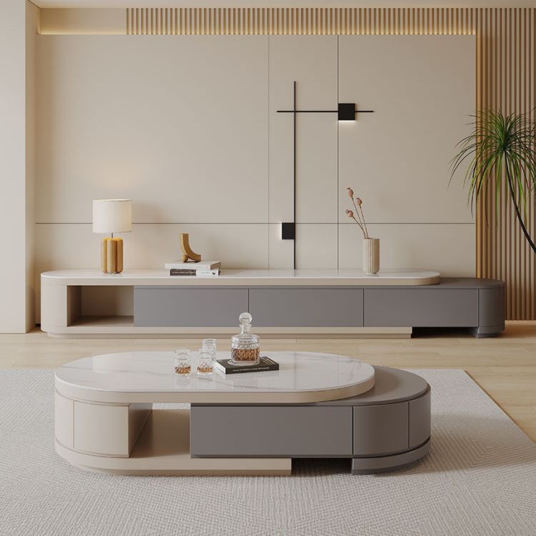 轻奢奶油风伸缩岩板茶几电视柜现代简约客厅家用大小户型新款茶几