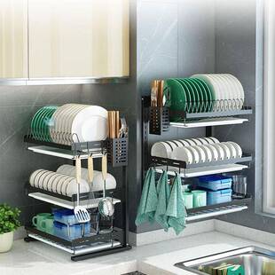 黑色不锈钢放碗架沥水架台面家用碗碟盘子架挂墙收纳架免打孔新款