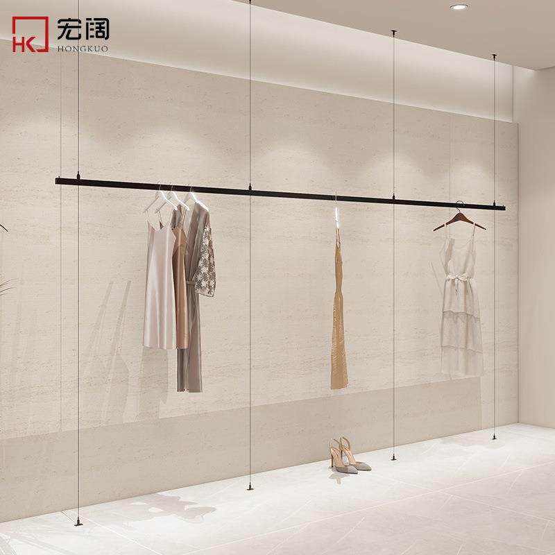服装店展示架不锈钢黑色钢丝货架顶天立地可伸缩女装店侧挂衣服架
