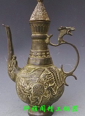 仿古纯铜龙凤酒壶茶壶龙凤图案酒壶铜器收藏家居饰品办公室摆件