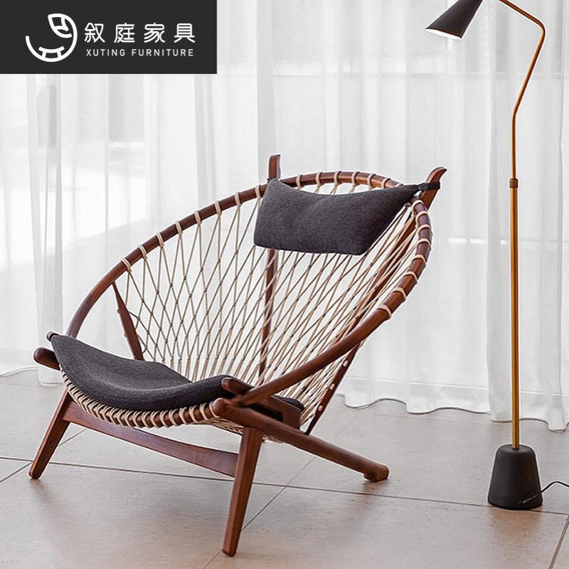 北欧懒人椅实木民宿线圈躺椅现代简约单人沙发椅阳台休闲麻绳藤椅