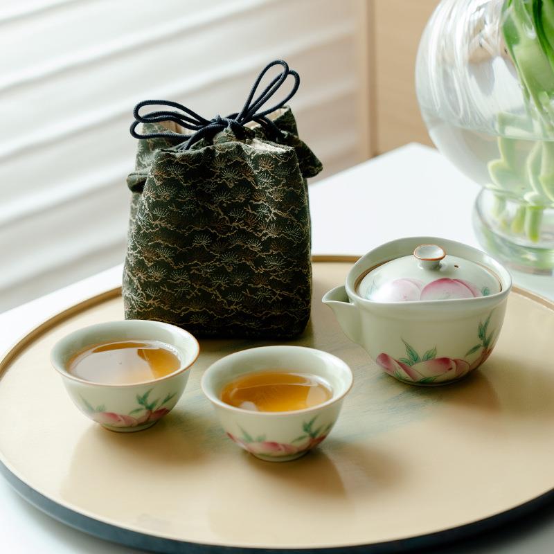汝窑贴绘寿桃一壶二杯旅行泡茶壶陶瓷功夫便携随身收纳包茶具茶套