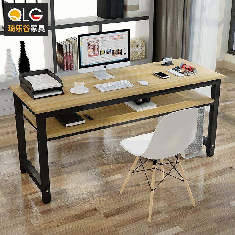 简约现代电脑办公桌学习长条桌双层家用靠墙书法培训桌板式钢木桌