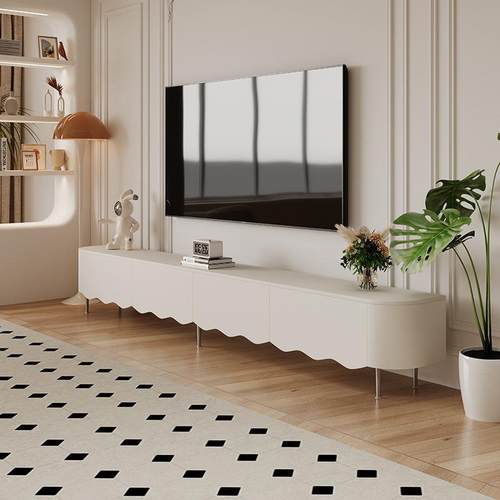 法式2024新款奶油风落地高款电视柜收纳储物柜一体简约现代地柜