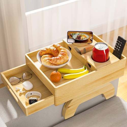 现货沙发扶手托盘双层带储物盒可折叠多用木质懒人沙发扶手托盘桌