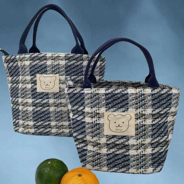 时尚格纹大容量帆布包手提饭盒包加厚简约百搭休闲拉链便当包学生,收纳整理,便当包,淘宝优惠券,粉丝福利购,淘宝优惠卷