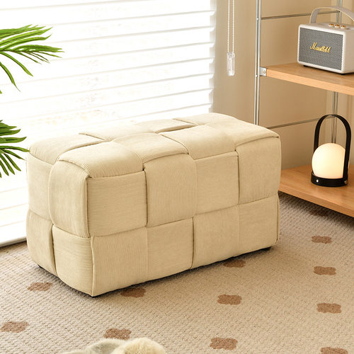 现代简约网红小凳子家用布艺矮凳灯芯绒麻花凳奶油风米白色凳子