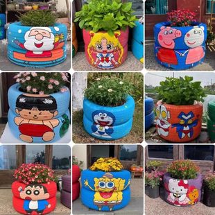 轮胎艺术品废旧轮胎改造创意花盆幼儿园景观卡通造型彩绘轮胎