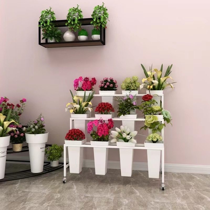 花店鲜花展示架多层阶梯花架可移动铁艺花架带轮多功能花桶方形桶