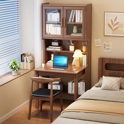 实木折叠书桌书架一体桌小户型家用电脑桌书柜组合伸缩办公学习桌
