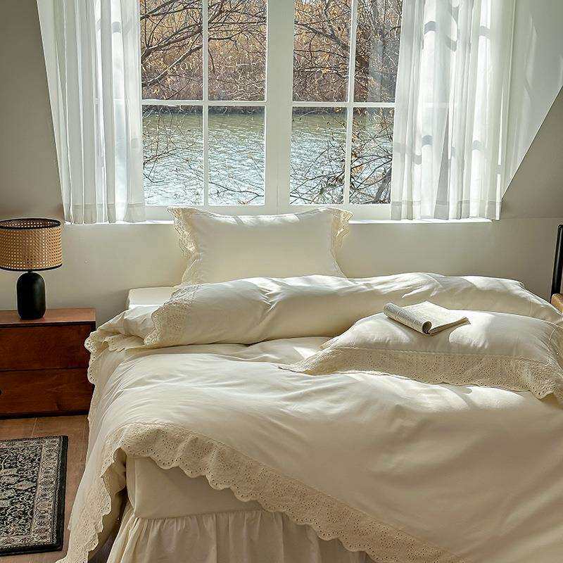 温柔邂逅︱法式少女60支水洗全棉四件套纯棉镂空花边被套床品1.8