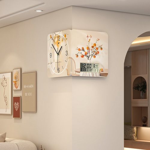 奶油风转角双面挂钟高级感家用客厅时钟装饰画创意免打孔钟表挂墙