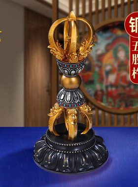 纯铜五股金刚杵镢含底座民族风做旧普巴杵雕刻莲花底座总高约21cm