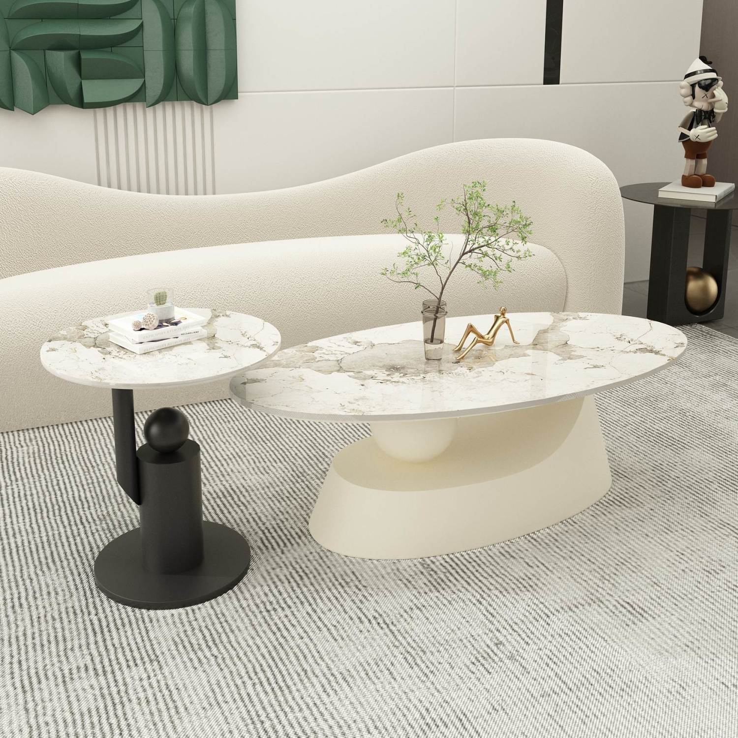 椭圆形奶油风岩板茶几简约小户型设计师轻奢桌子现代网红家用客厅