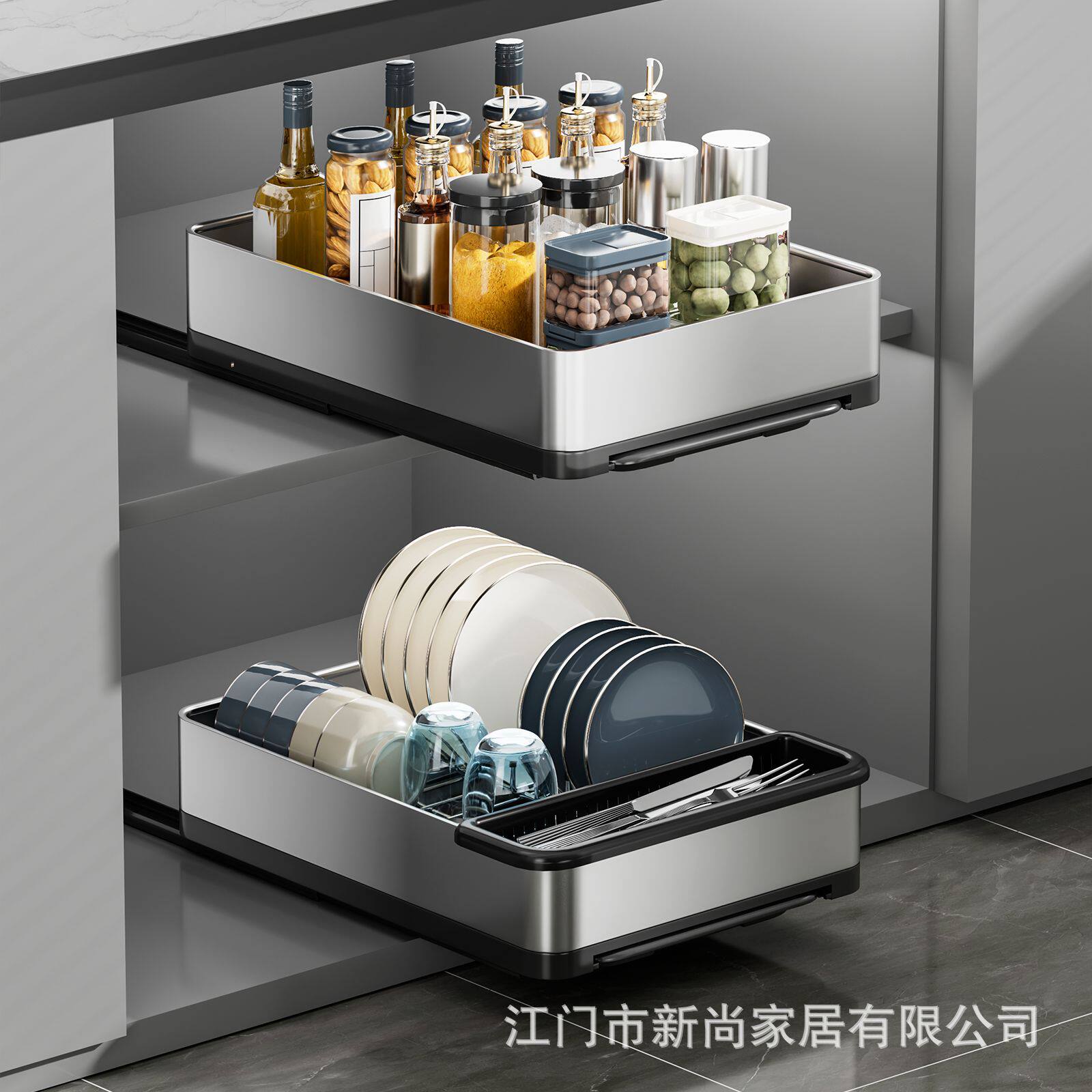 不锈钢厨房抽拉置物架碗碟收纳架橱柜调料托盘厨具拉篮碗盘沥水架
