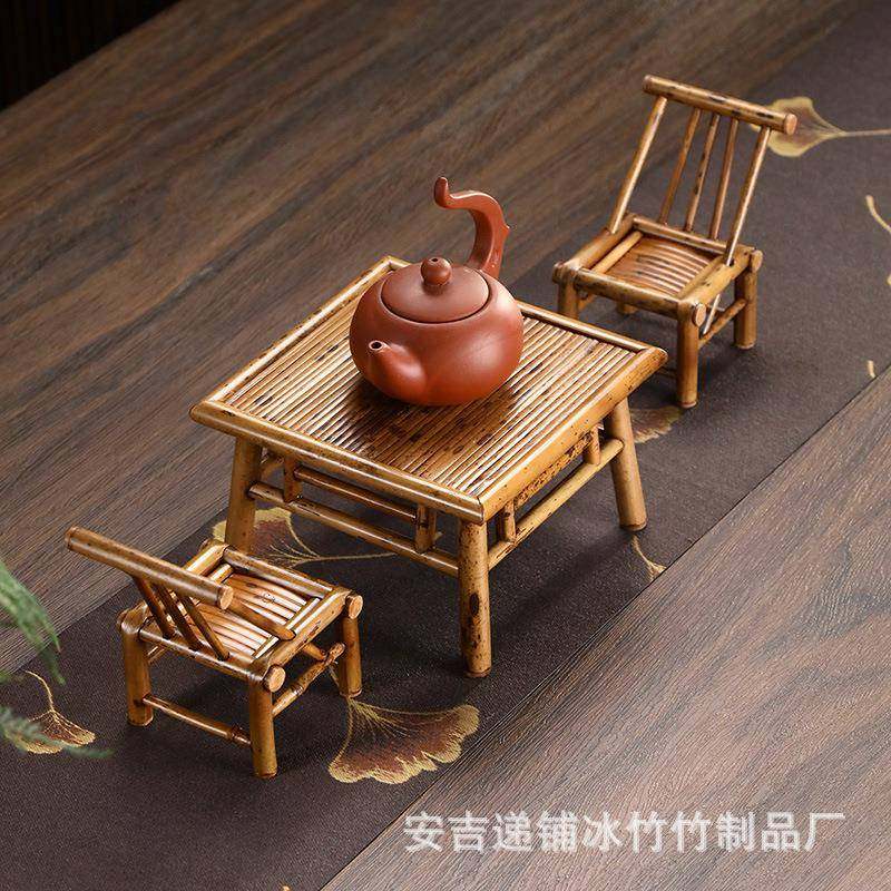 迷你梅鹿竹工艺摆件竹制桌椅复古案几小桌子竹椅装饰收藏桌面文玩