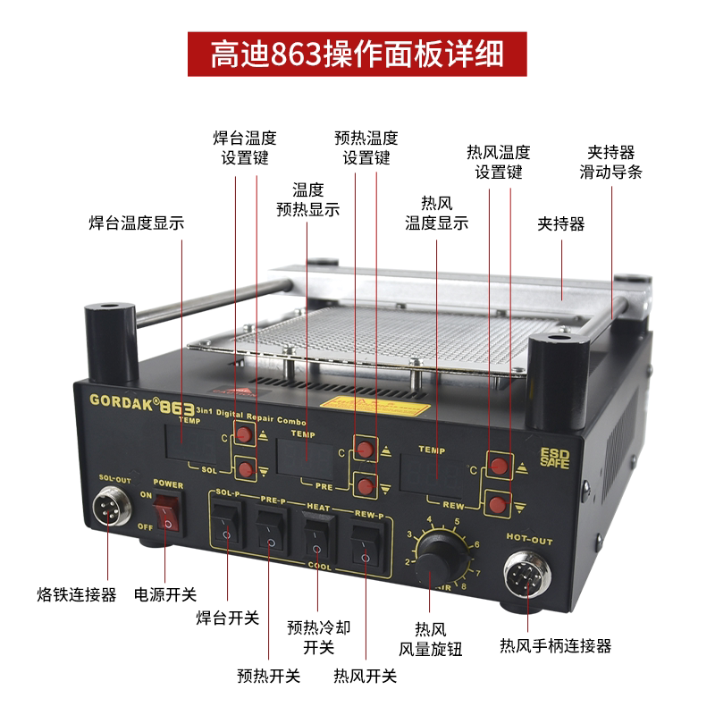 高迪863三合一热风枪焊台853BGA返修预加热平台维修防静电拆焊台