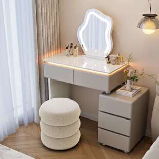 带灯实木梳妆台卧室现代简约小型奶油风化妆桌床头收纳柜一体白色