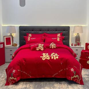 简约大气婚庆刺绣四件套大红色全棉六件套南通叠石桥家纺