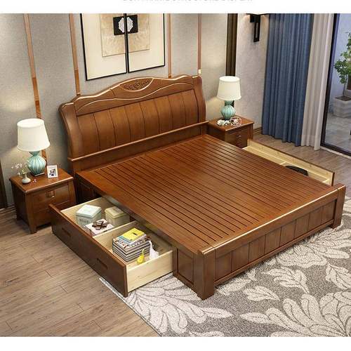 现代中式实木床双人床1.5米卧室储物床橡胶木硬床板高箱中式家具