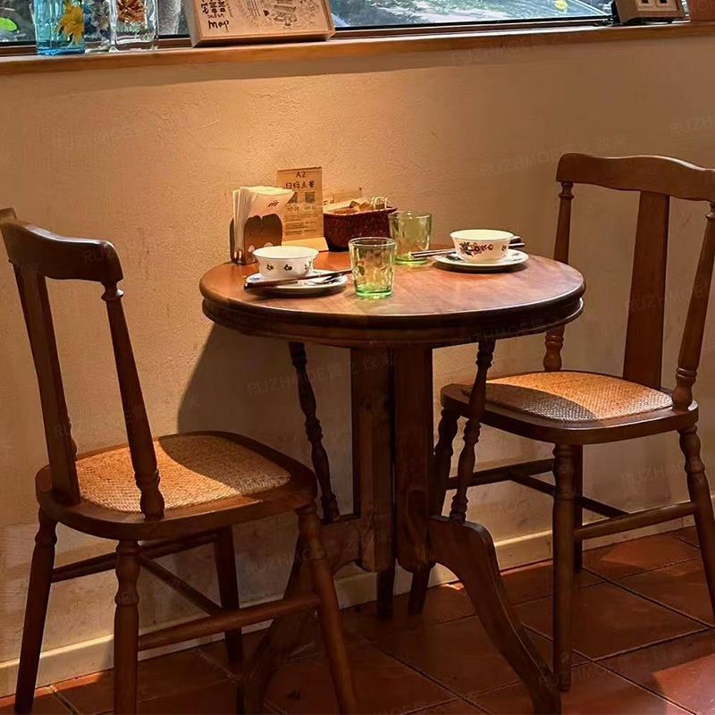 实木圆桌做旧复古圆形饭桌阳台庭院餐桌椅木质法式茶桌折叠咖啡桌