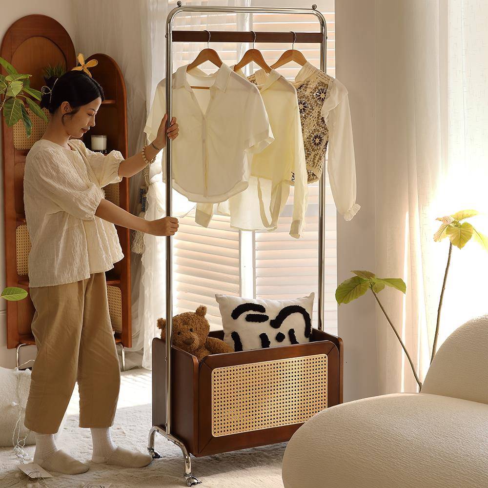 中复古藤编落地法式衣帽架胡桃实木卧室可移动收纳挂衣次净脏衣篓
