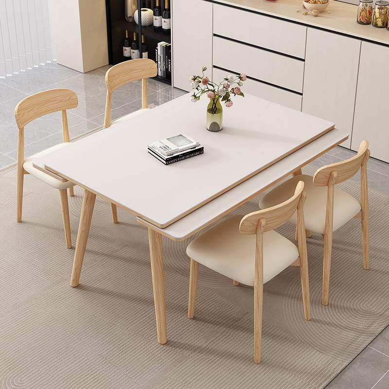 奶油风可伸缩岩板餐桌椅家用小户型折叠方桌两用原木实木折叠餐桌