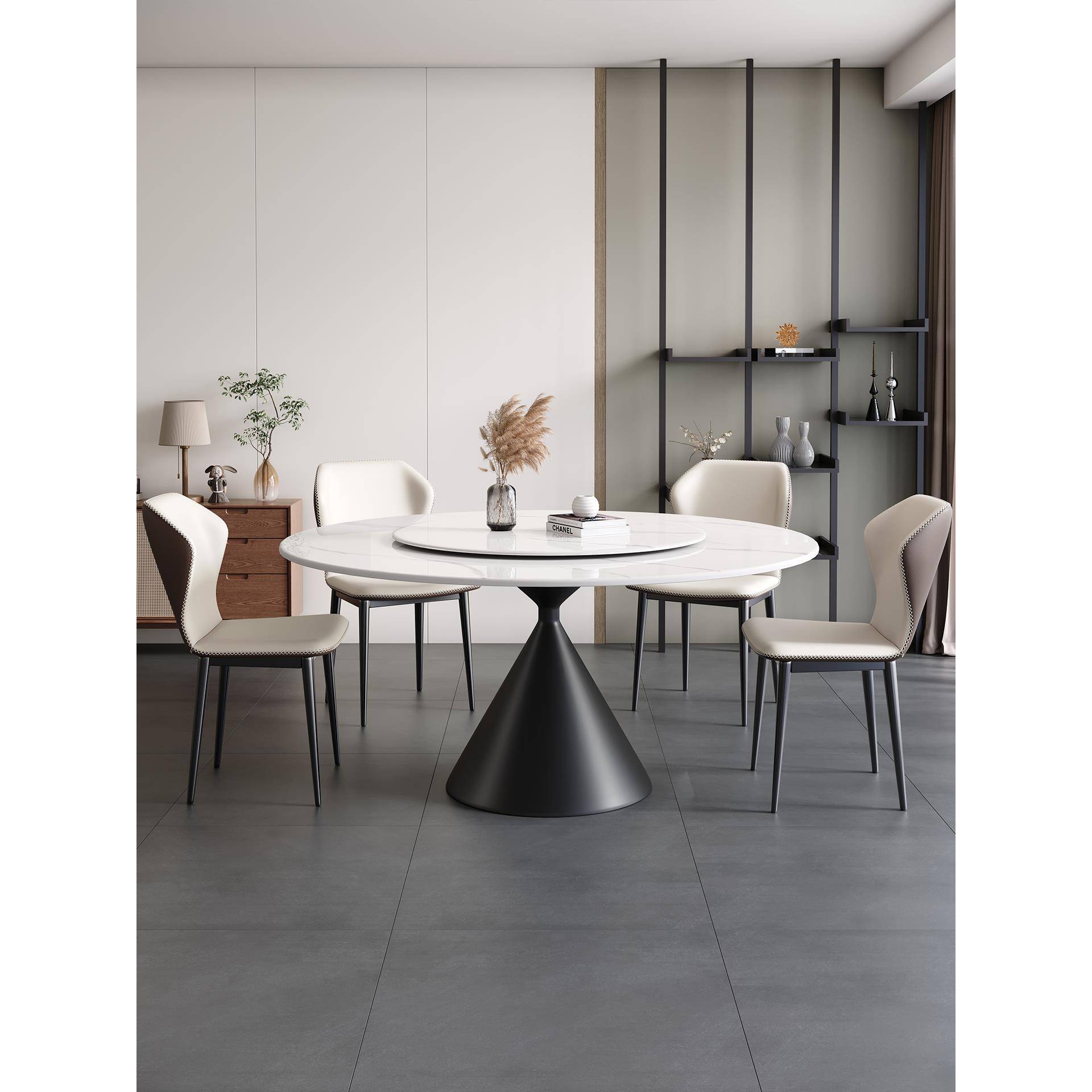 意式极简岩板餐桌椅组合现代简约家用小户型圆形圆桌带转盘吃饭桌