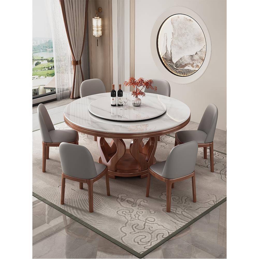实木岩板餐桌椅2025新款家用圆形桌子现代简约大圆桌带转盘饭桌