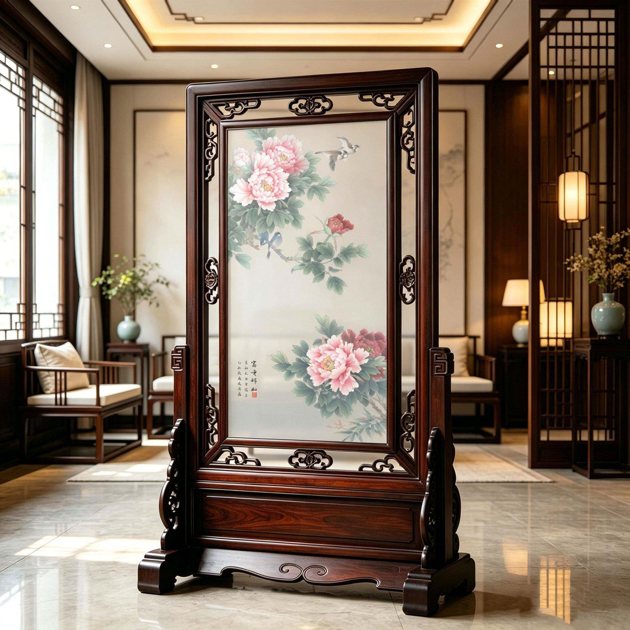 中式座屏风牡丹花鸟图屏风隔断客厅玄关装饰背景实木雕花落地屏