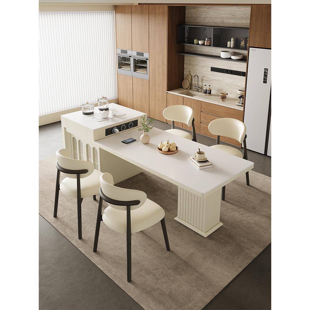 奶油风实木岛台餐桌一体网红可伸缩小户型吧台桌多功能岩板餐桌椅