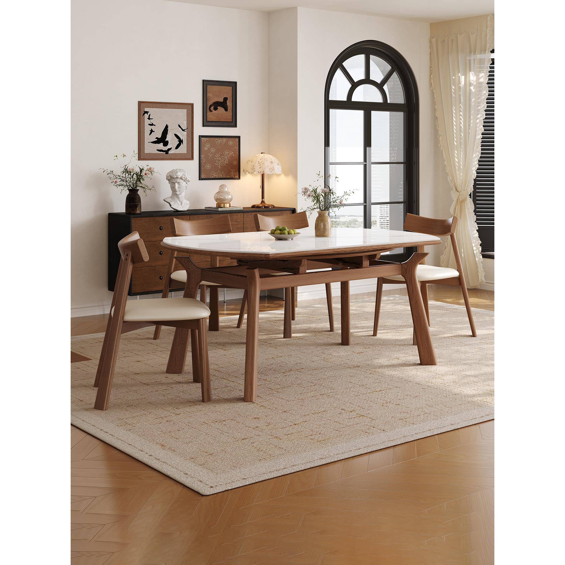 岩板餐桌椅组合简约现代小户型方圆两用餐桌可伸缩家用圆形吃饭桌