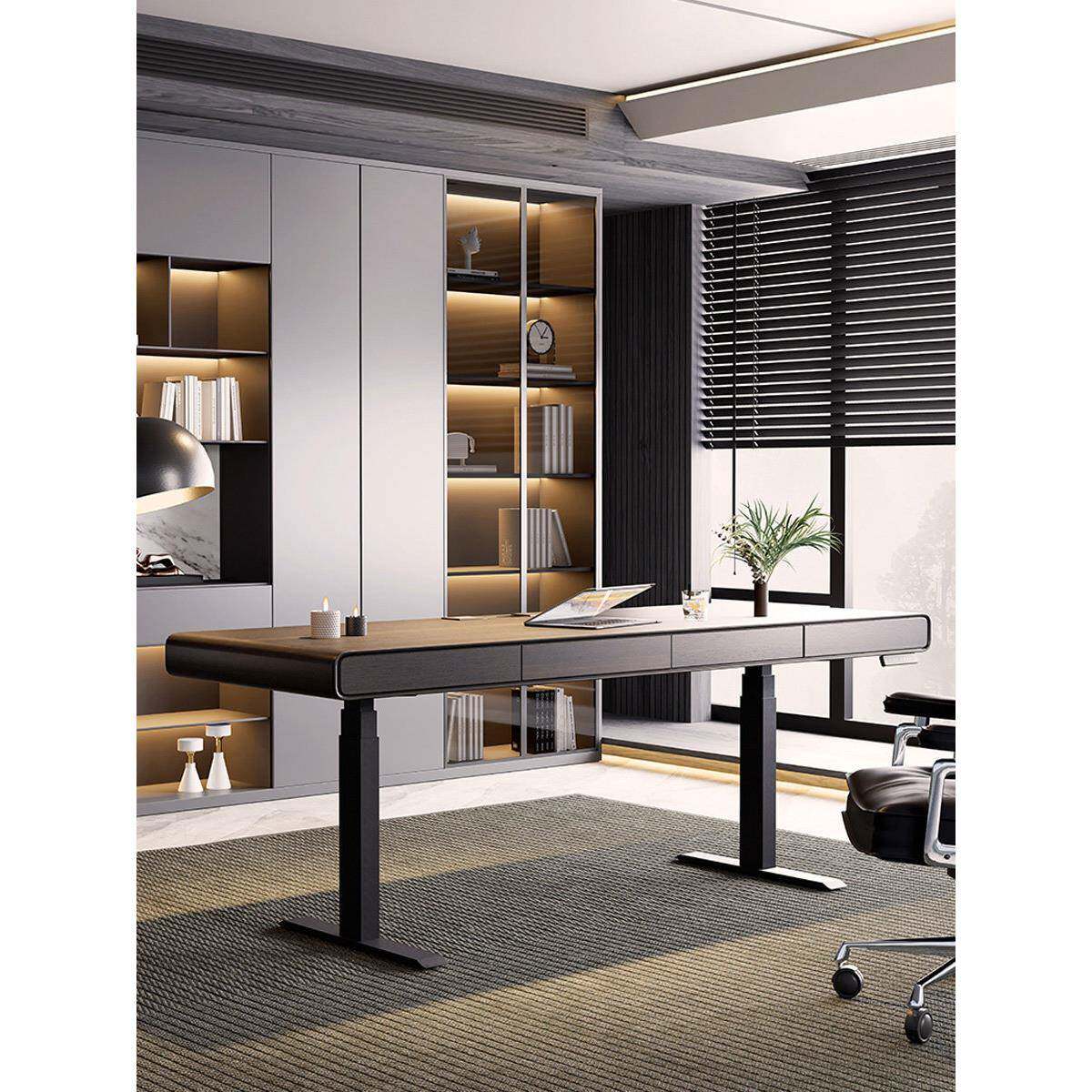 可升降书桌家用学生实木办公桌书房带抽屉双人学习桌卧室电脑桌