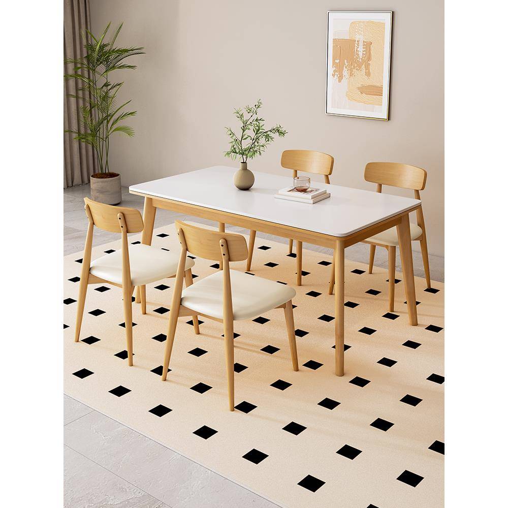 奶油风实木岩板餐桌椅组合家用小户型现代简约饭桌长方形2025新款