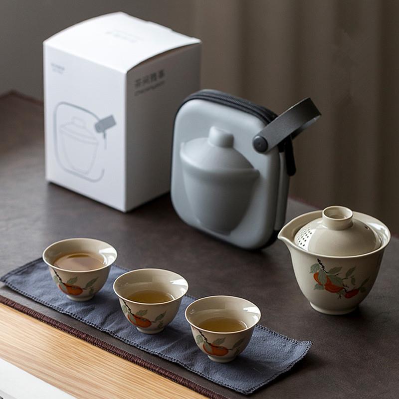 柿子草木灰快客杯陶瓷带过滤一壶三杯套装功夫旅行茶具logo