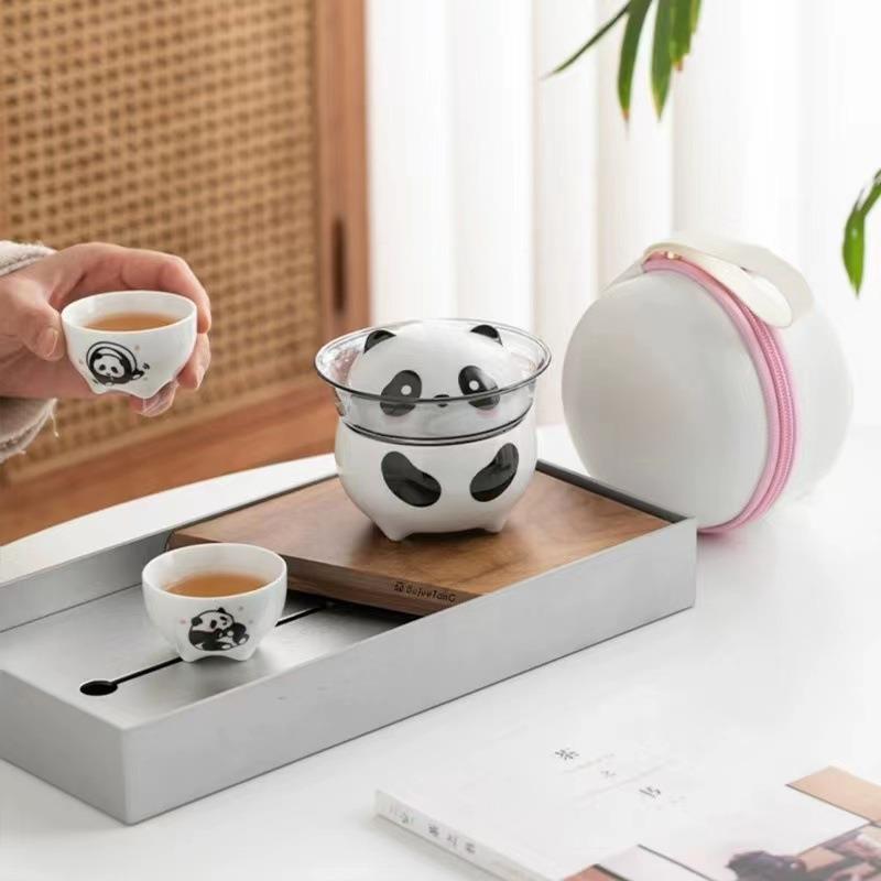 萌趣熊猫快客杯旅行茶具套装便携式一壶三杯户外露营随身茶壶茶杯
