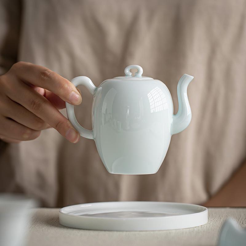 湖田窑影青茶壶大容量家用泡茶壶手工日式带过滤复古普洱茶单壶承