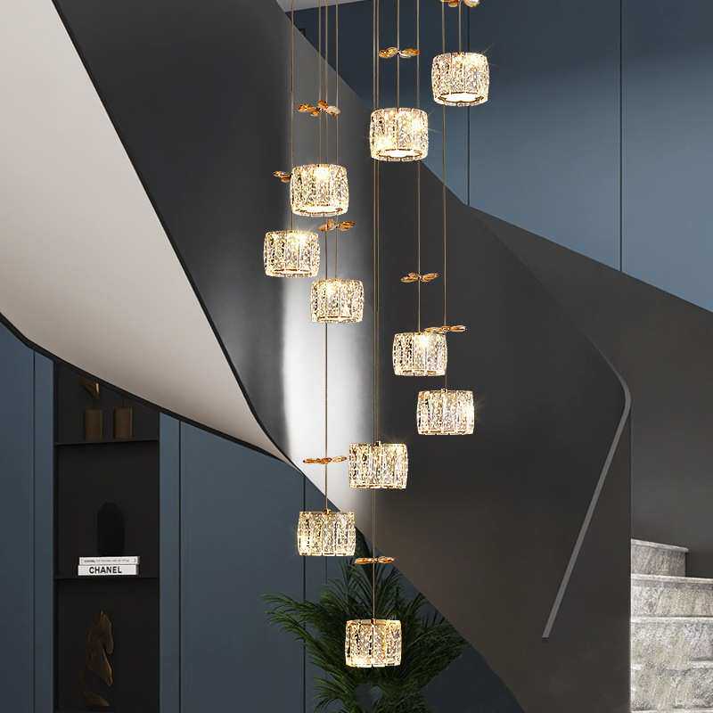复式楼梯间水晶长吊灯轻奢风现代简约别墅公寓客厅中空创意新款灯