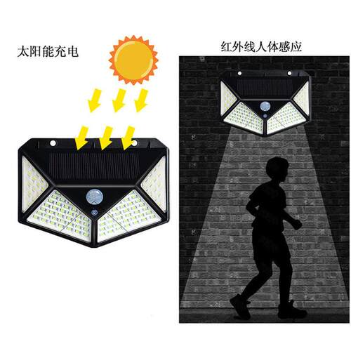 太外阳能灯100LED感ly灯应灯人户庭院灯墙壁路四面发光体感应壁灯