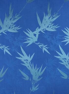 蓝色君子竹交织材料面料留香绉竹子图案混纺已染色布料