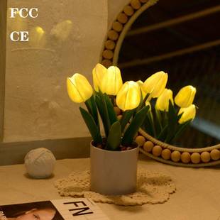 电池款 饰网红少女台灯桌面摆件 发光郁金香小夜灯花盆栽家居卧室装